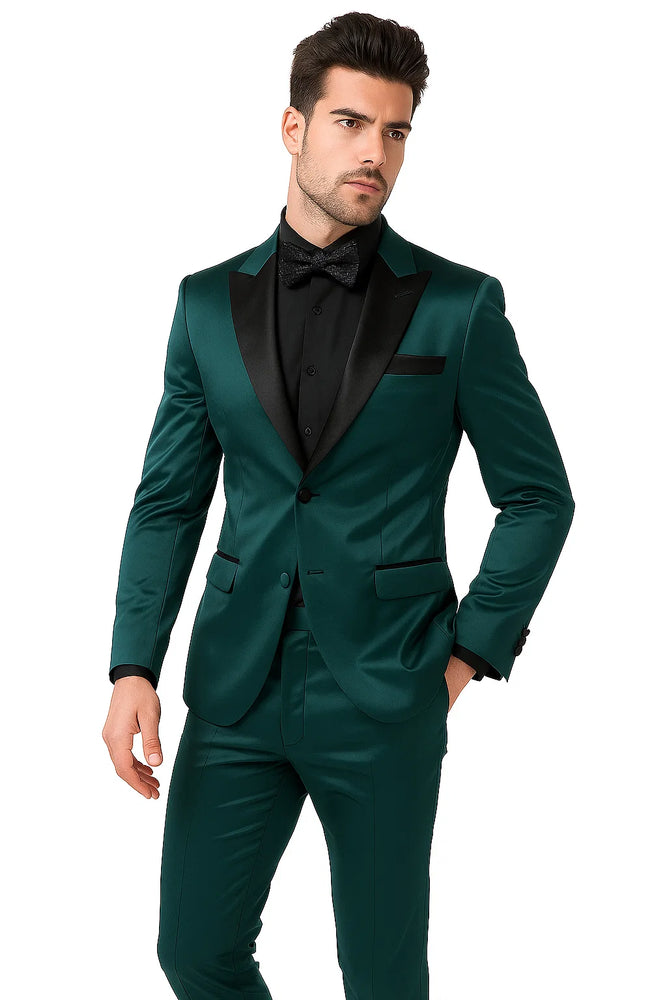 Mens Shiny Blazer - Teal Blue Sateen Vested Suit