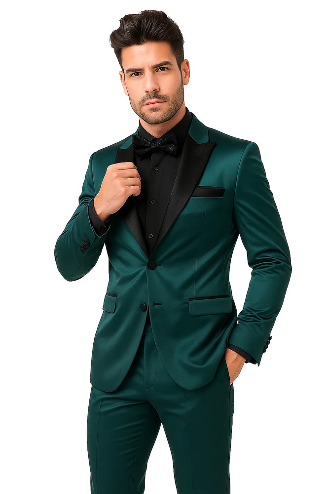 Mens Shiny Blazer - Teal Blue Sateen Vested Suit