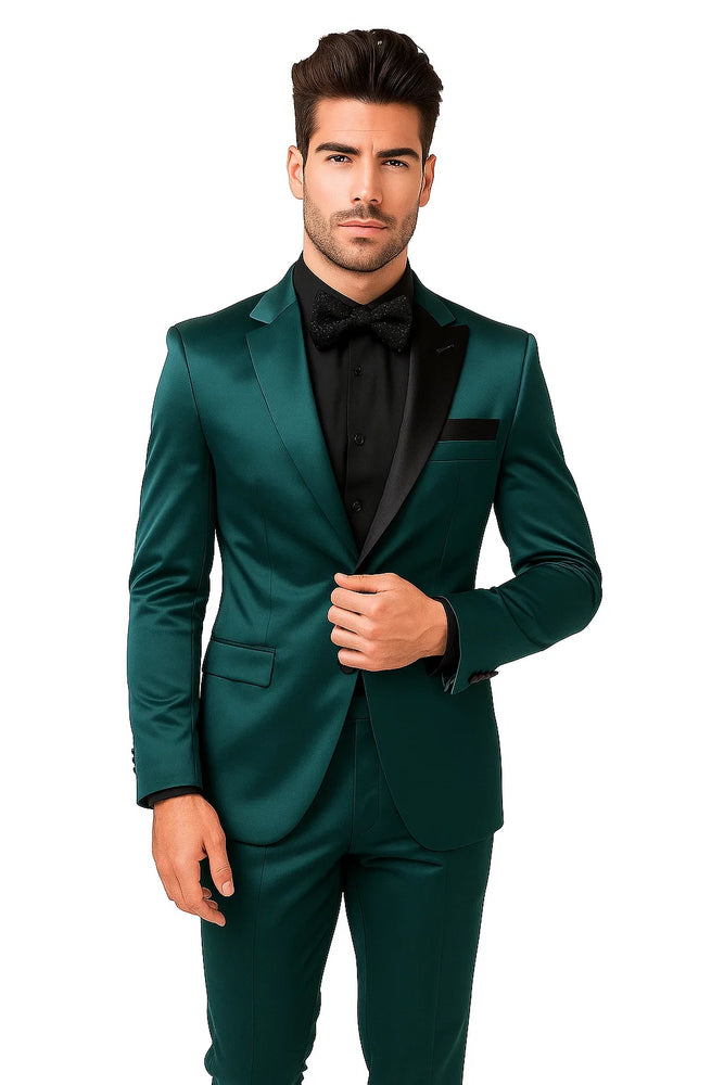 Mens Shiny Blazer - Teal Blue Sateen Vested Suit