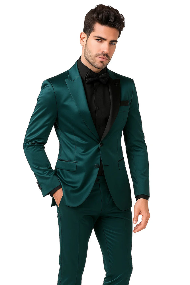 Mens Shiny Blazer - Teal Blue Sateen Vested Suit