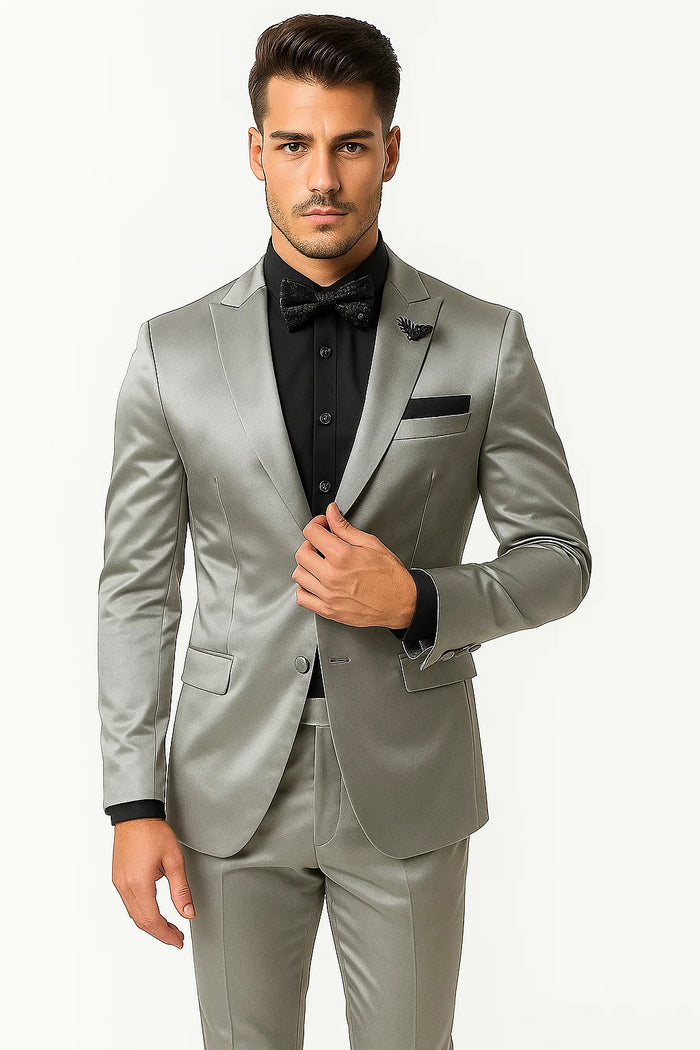 Mens Shiny Blazer - Off-White Sateen Vested Suit