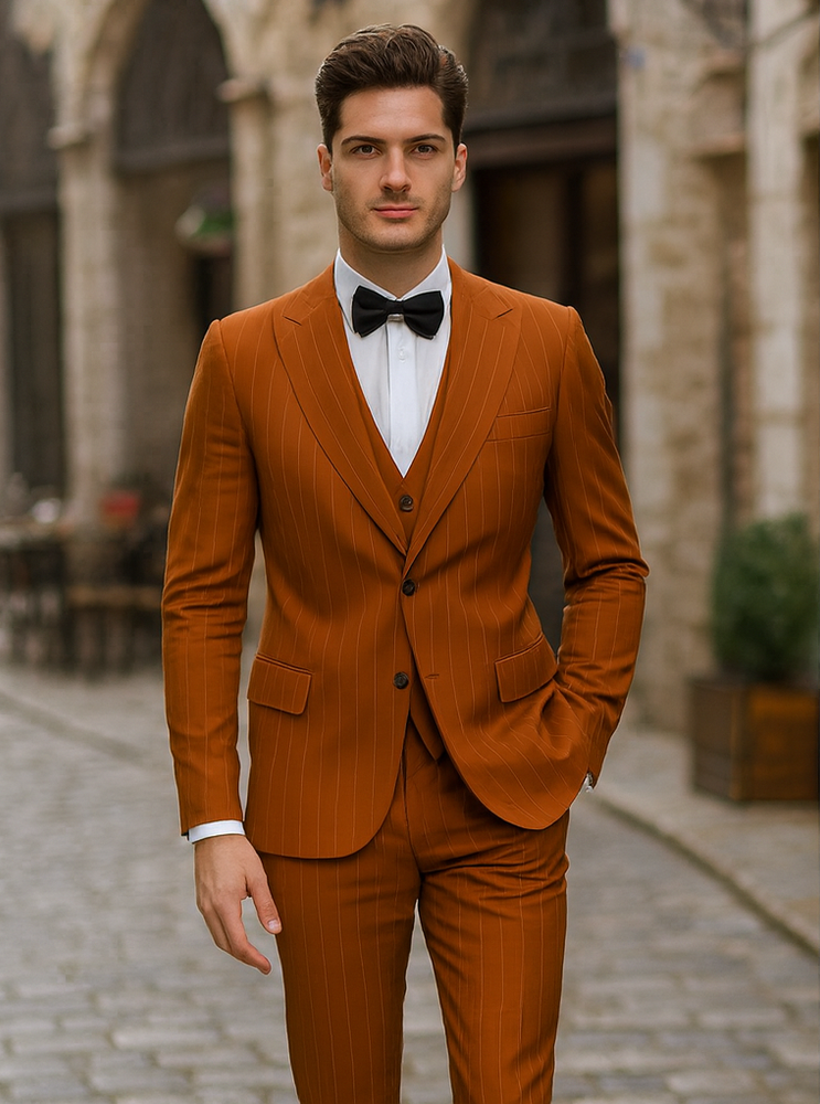 Tazzio Terracotta Orange Skinny Fit Pinstriped Suit for Men | Modern Stylish Suit
