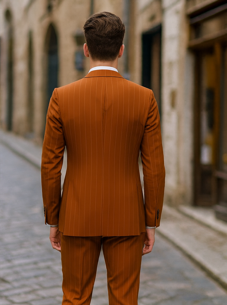 Tazzio Terracotta Orange Skinny Fit Pinstriped Suit for Men | Modern Stylish Suit