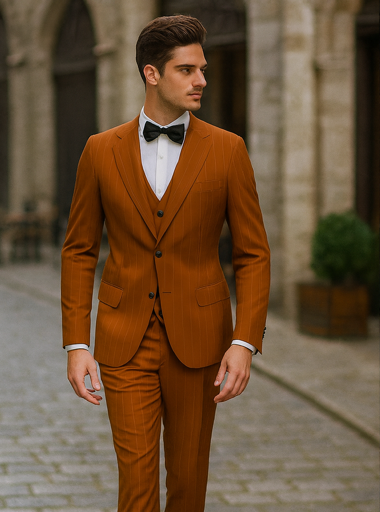 Tazzio Terracotta Orange Skinny Fit Pinstriped Suit for Men | Modern Stylish Suit