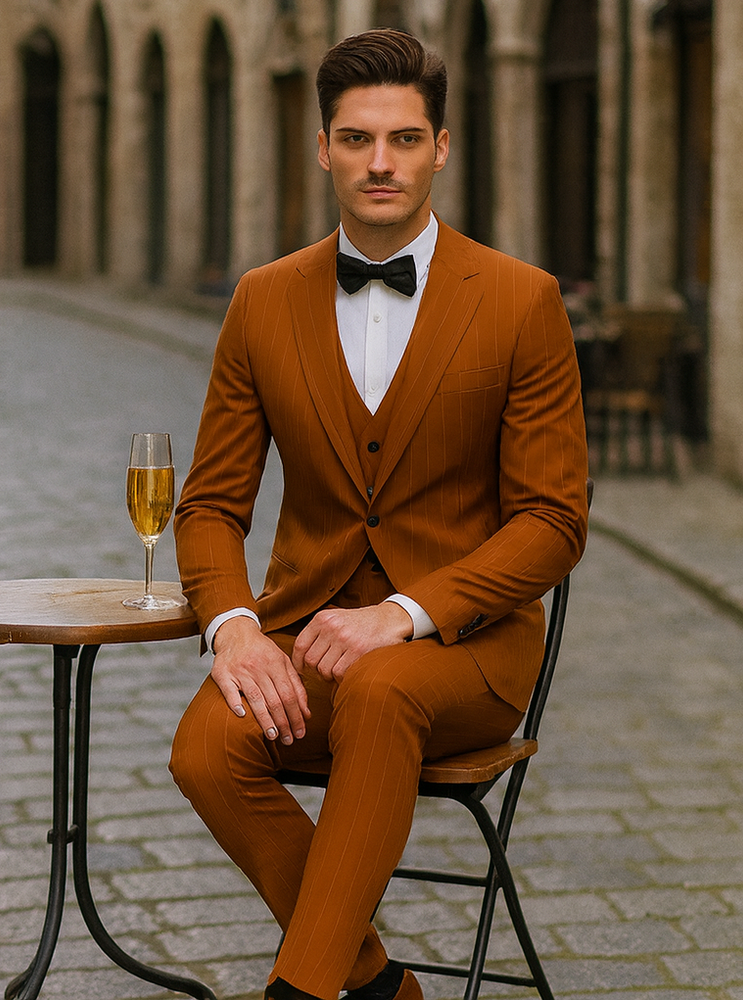 Tazzio Terracotta Orange Skinny Fit Pinstriped Suit for Men | Modern Stylish Suit