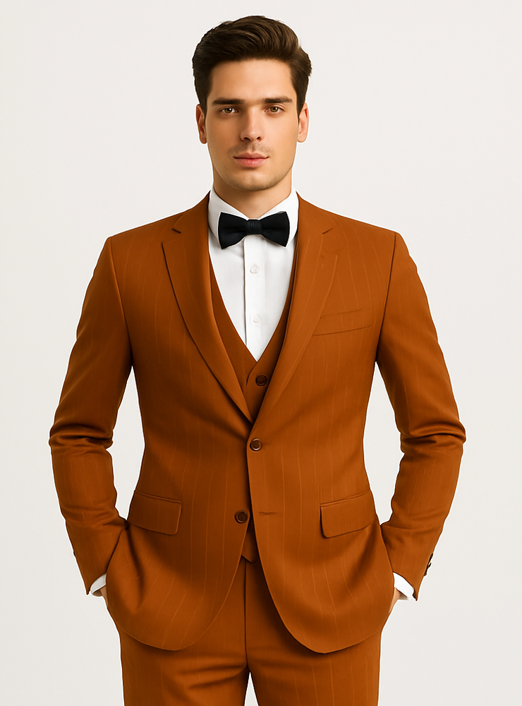 Tazzio Terracotta Orange Skinny Fit Pinstriped Suit for Men | Modern Stylish Suit