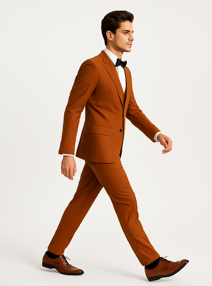 Tazzio Terracotta Orange Skinny Fit Pinstriped Suit for Men | Modern Stylish Suit