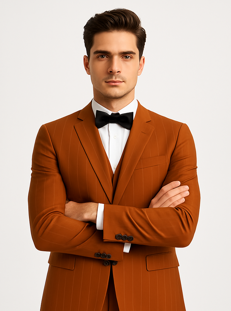 Tazzio Terracotta Orange Skinny Fit Pinstriped Suit for Men | Modern Stylish Suit