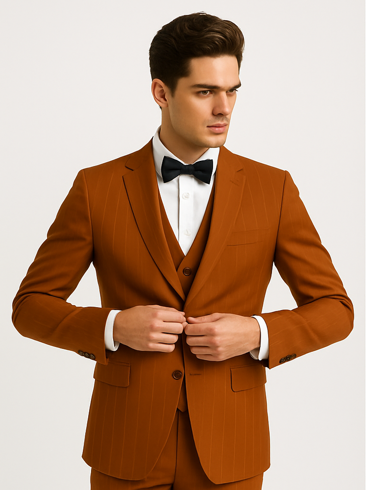 Tazzio Terracotta Orange Skinny Fit Pinstriped Suit for Men | Modern Stylish Suit