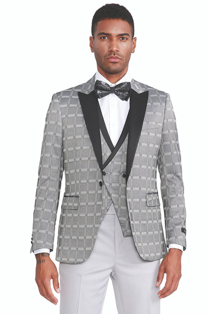 Men's Silver Grey Plaid Tuxedo with Double Vested Detail