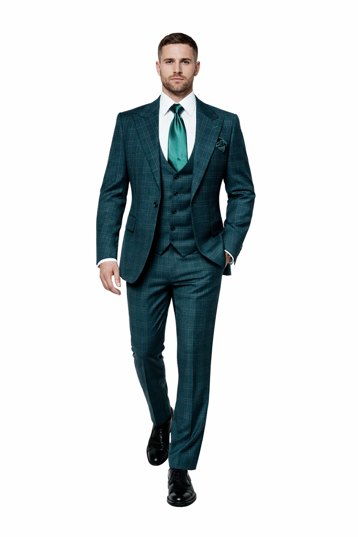 Deep Teal Crosshatch Plaid 3-Piece Tailored Suit with Satin Emerald