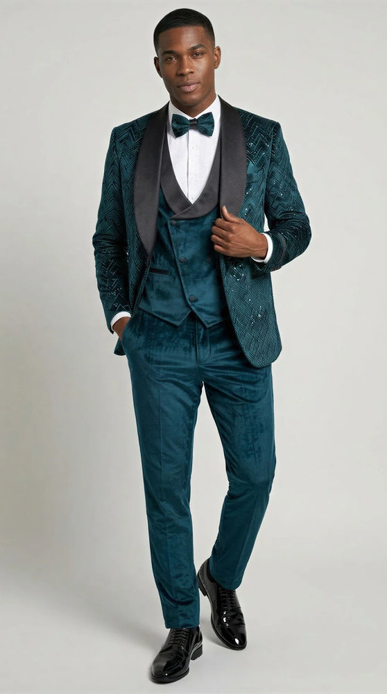 Teal Green Velvet Patterned Shawl Lapel Tuxedo Set – Wedding & Prom