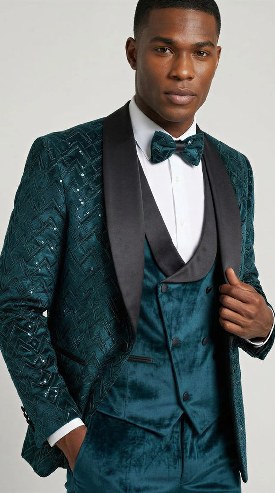Teal Green Velvet Patterned Shawl Lapel Tuxedo Set – Wedding & Prom