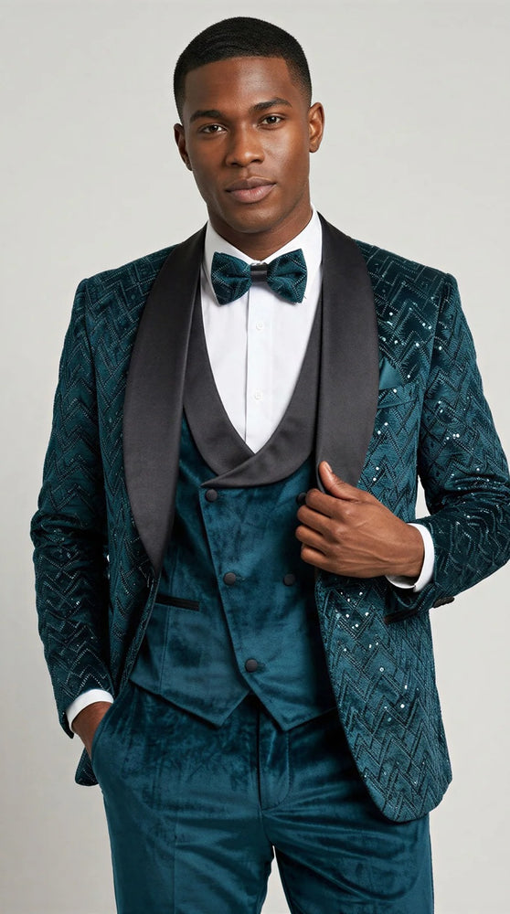 Teal Green Velvet Patterned Shawl Lapel Tuxedo Set – Wedding & Prom