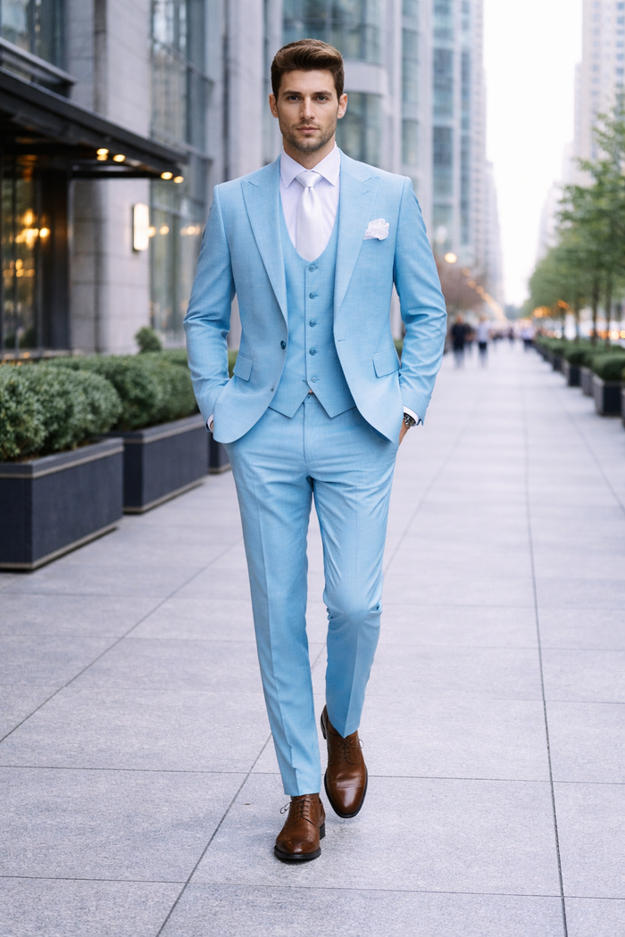 Aqua Horizon Textured Blue 3-Piece Luxe Suit by Rossiman