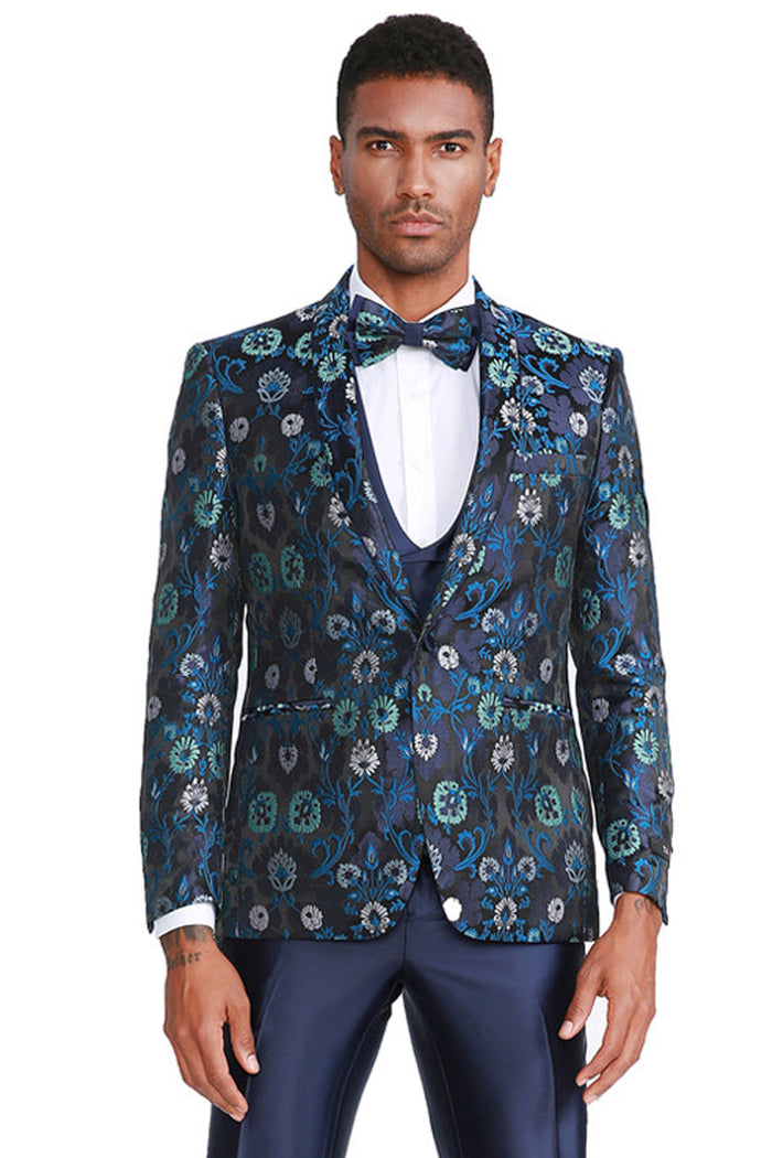 Men's Navy Blue Floral Print Tuxedo with Satin Vest