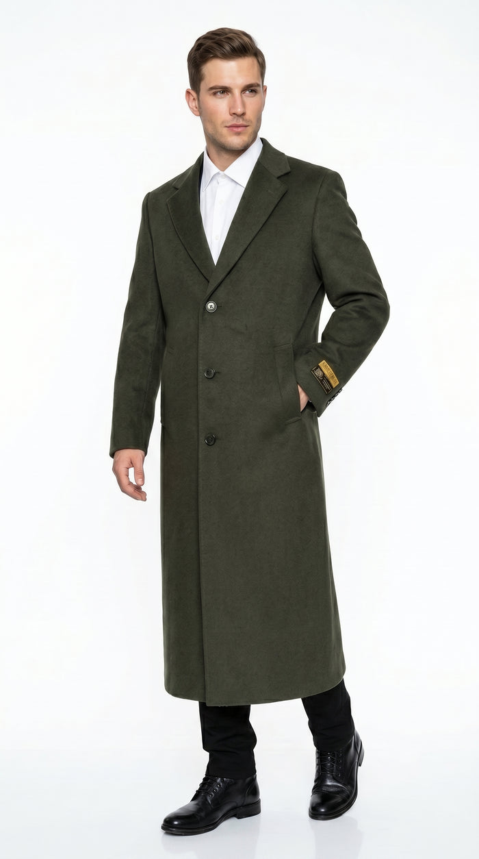 Men’s Olive Green Full Length Wool Blend Topcoat, Long Dress Overcoat for Winter Formal Wear