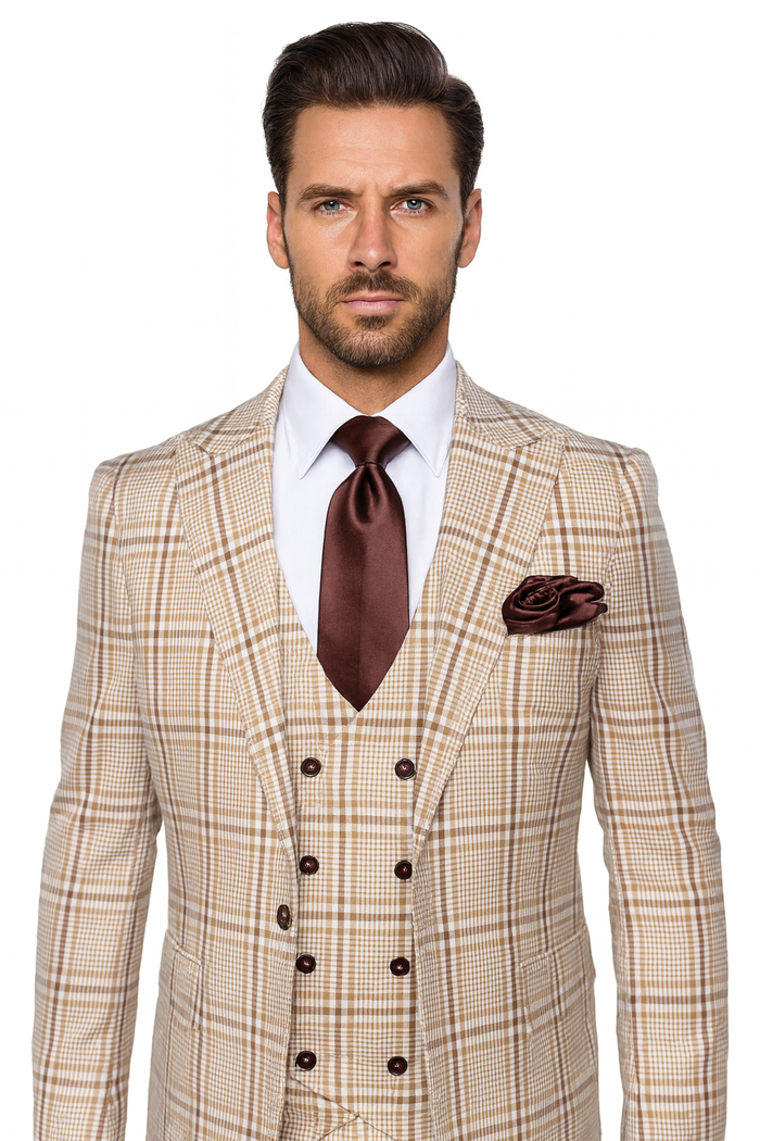 Beige & Brown Windowpane 3-Piece Modern Classic Suit by Rossiman