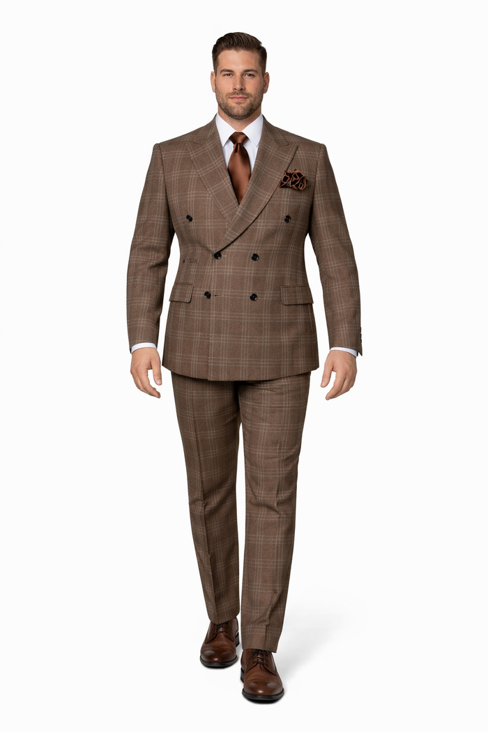 Brown Windsor Plaid Double-Breasted 3-Piece Executive Suit by Rossiman