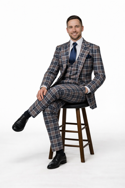 Camel & Navy Tartan 3-Piece Modern Wedding Suit