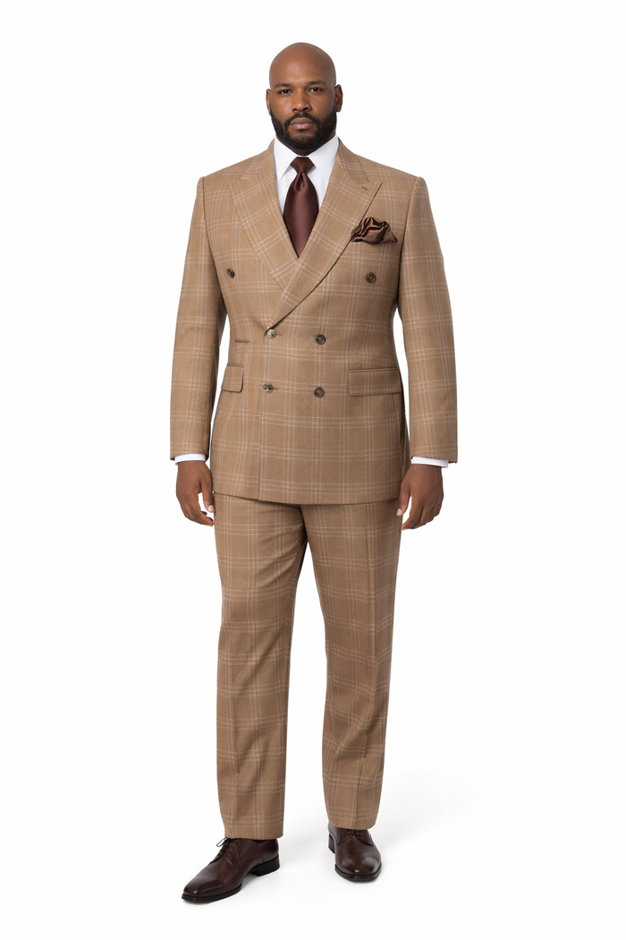 Rossiman Camel Regent Plaid Double-Breasted 3-Piece Heritage Suit