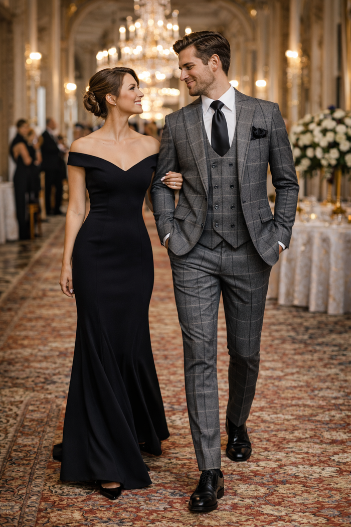 Charcoal Windowpane 3-Piece Executive Heritage Suit with Black Accents