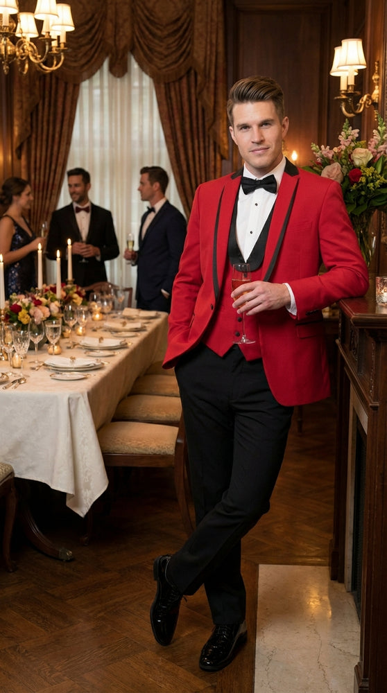 Mens Red and Black Tuxedo – Three Piece Formal Suit with Satin Shawl Lapel for Wedding and Prom