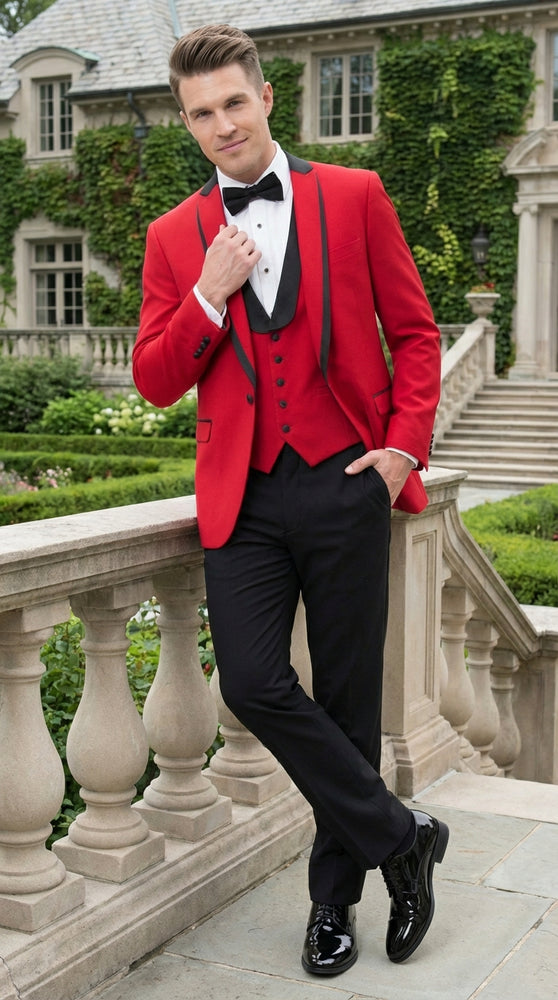 Mens Red and Black Tuxedo – Three Piece Formal Suit with Satin Shawl Lapel for Wedding and Prom