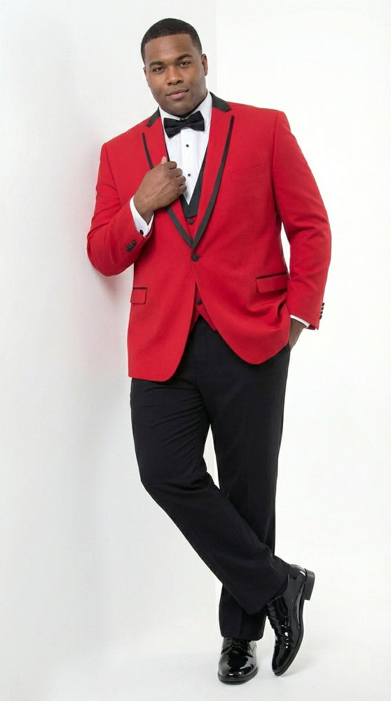 Mens Red and Black Tuxedo – Three Piece Formal Suit with Satin Shawl Lapel for Wedding and Prom