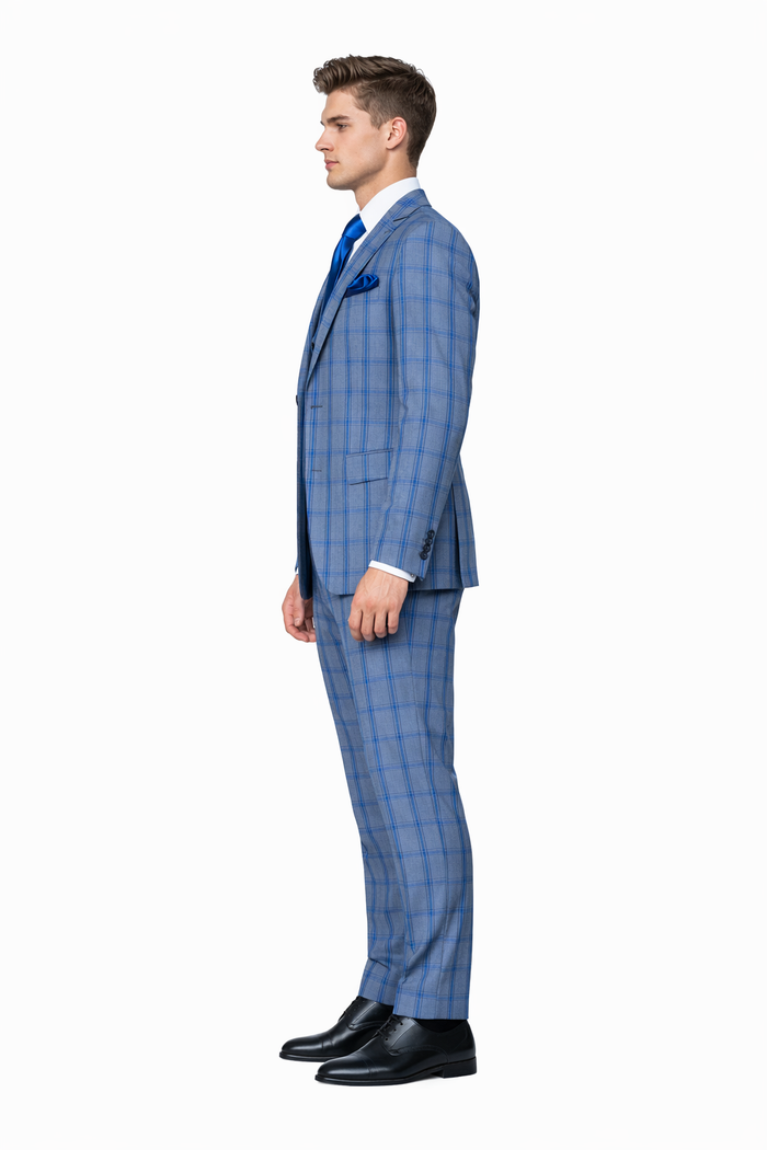 Royal Blue Windowpane 3-Piece Modern Tailored Suit by Rossiman