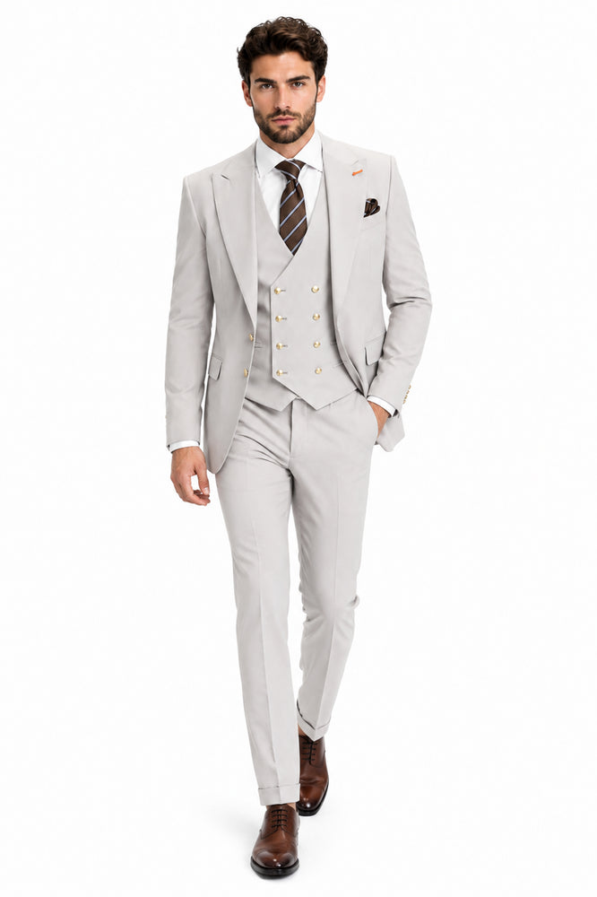 Men's Ash Statement Ticket Pocket Peak Lapel Wool Double Breasted Vest Suit with Gold Buttons – Modern Fit