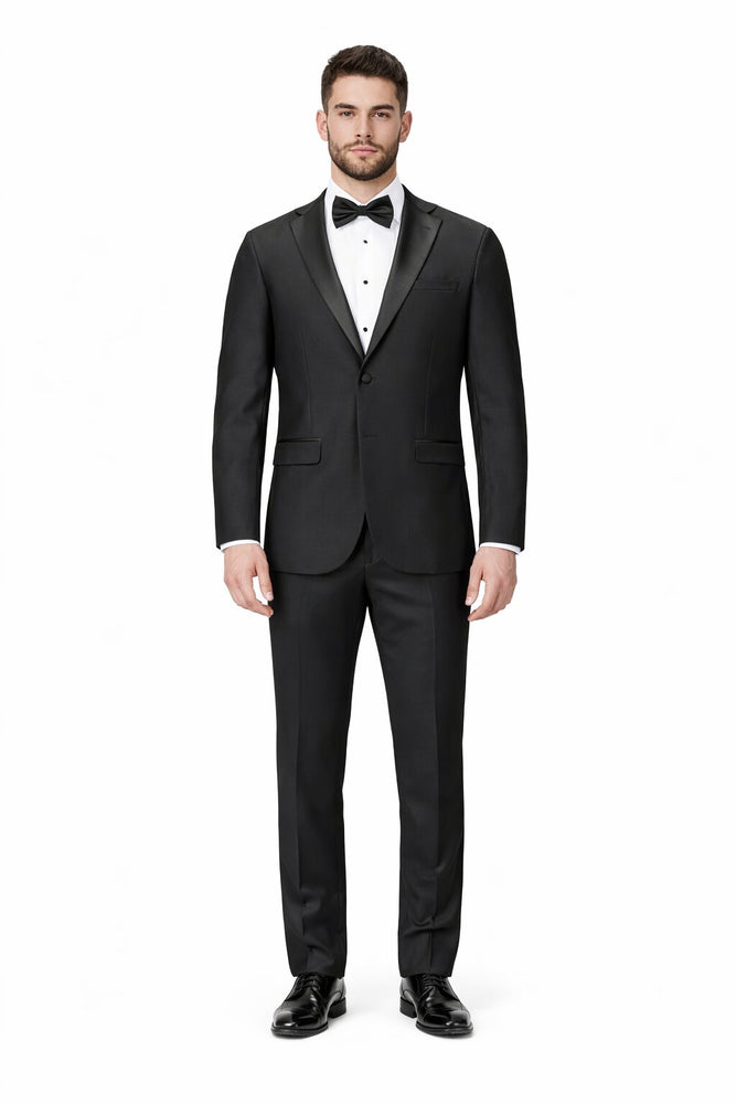 Tiglio Mens Slim Fit Black Wool Tuxedo – Satin Peak Lapel Formal Dinner Suit