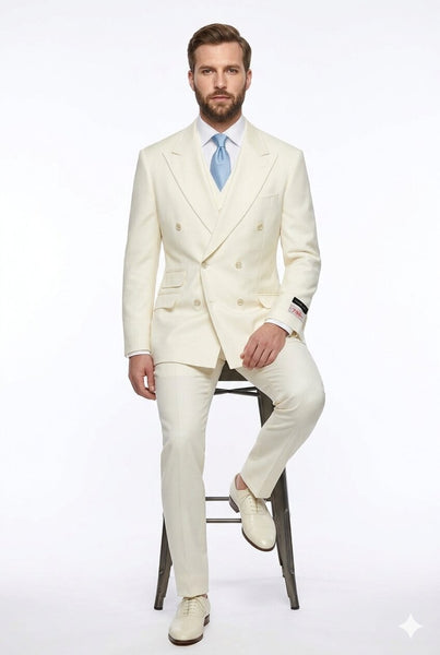 Tiglio Italian Suit - Real Wool Fabric Super 150's EST Off-White, Wide Leg Suit & Vest in Color Off-White