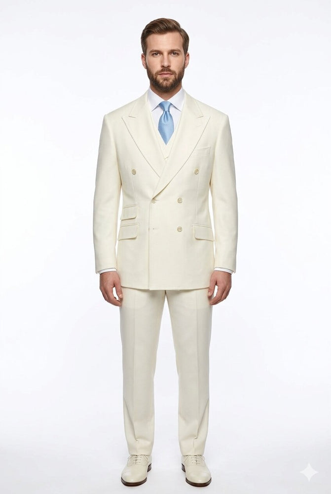 Tiglio Italian Suit - Real Wool Fabric Super 150's EST Off-White, Wide Leg Suit & Vest in Color Off-White