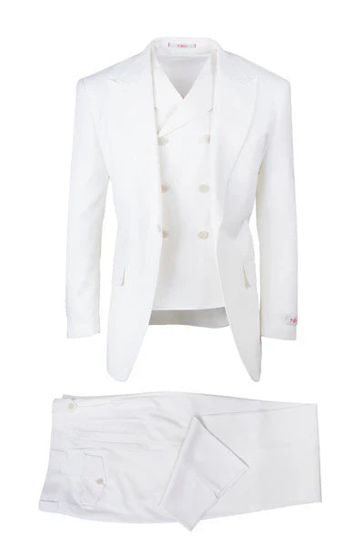 Tiglio Rosso Brand - Classic Suit Fit Pleated Pants Athletic Cut Real Wool Fabric Suit Peak Lapel in Color Off White Semi Wide leg Slack