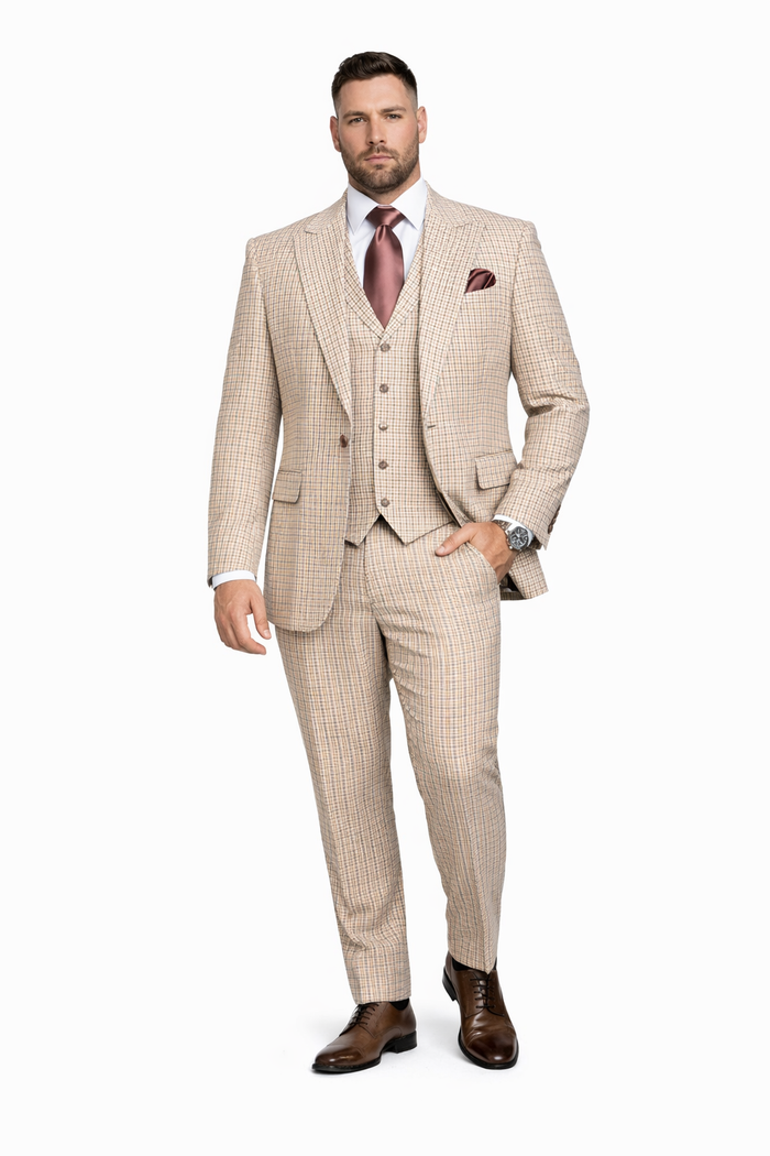 Beige Heritage Microcheck 3-Piece Tailored Elegance Suit