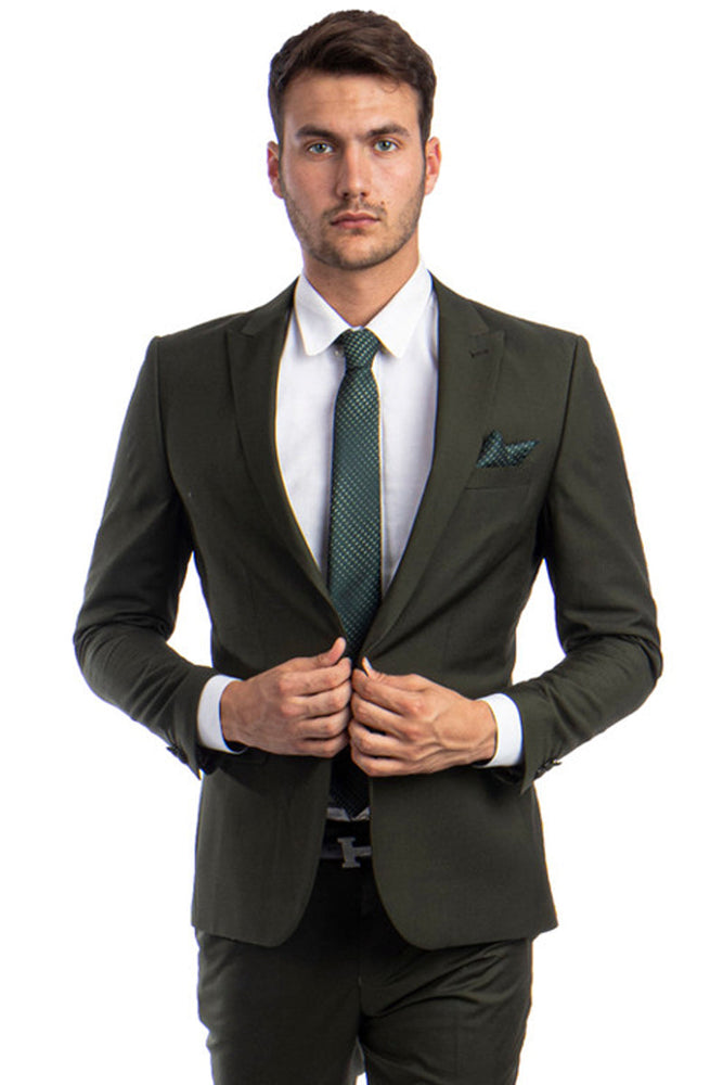 Men's Slim Fit Dark Olive Green Suit by Tazzio Suits