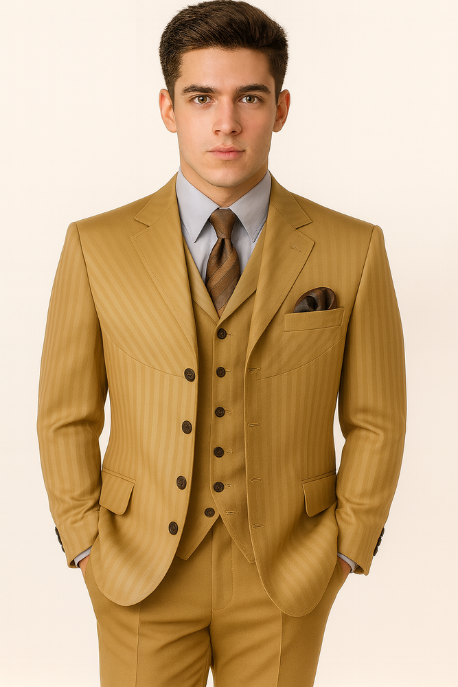 "Gold Men's Fashion Suit - 4 Button, Semi Wide Leg, Shiny Tonal Stripe"