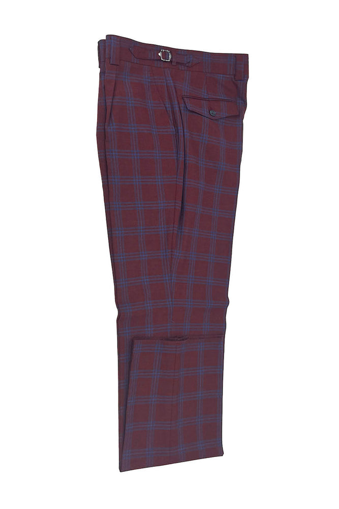 Tiglio Luxe Bordeaux Red with Blue Windowpane Semi-Wide Leg Wool Marbella Dress Pants TL3305