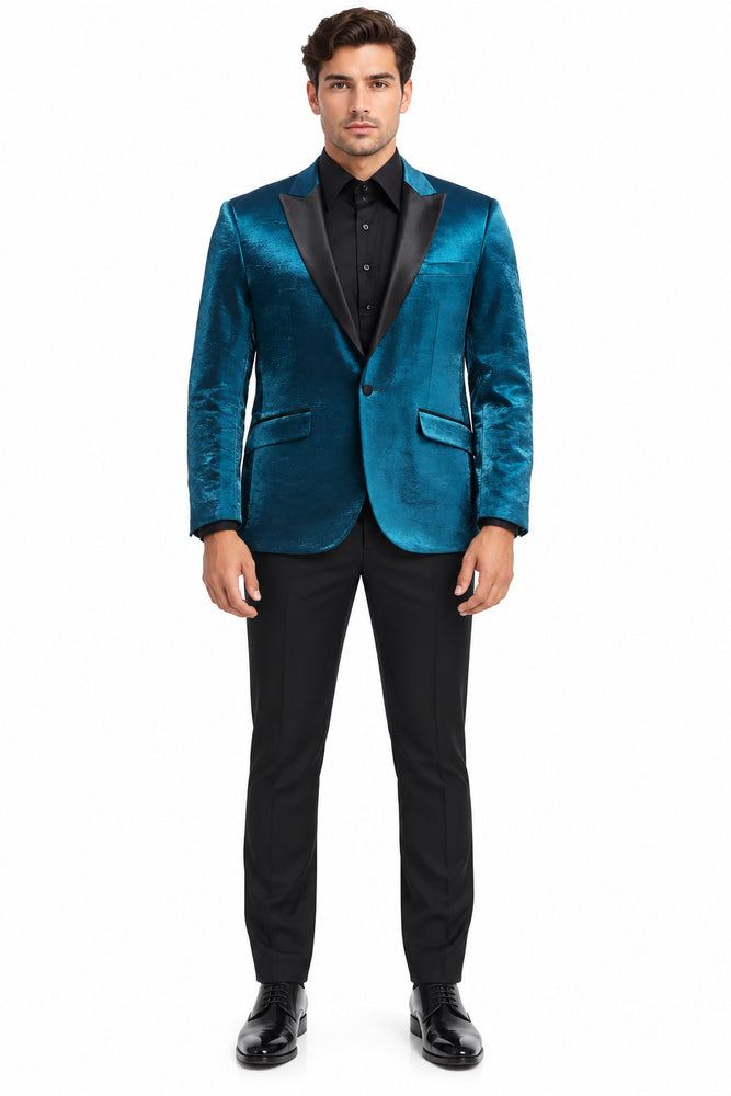 Turquoise Tuxedo Jacket Shiny Slim Fit With Peak Lapel - Blazer