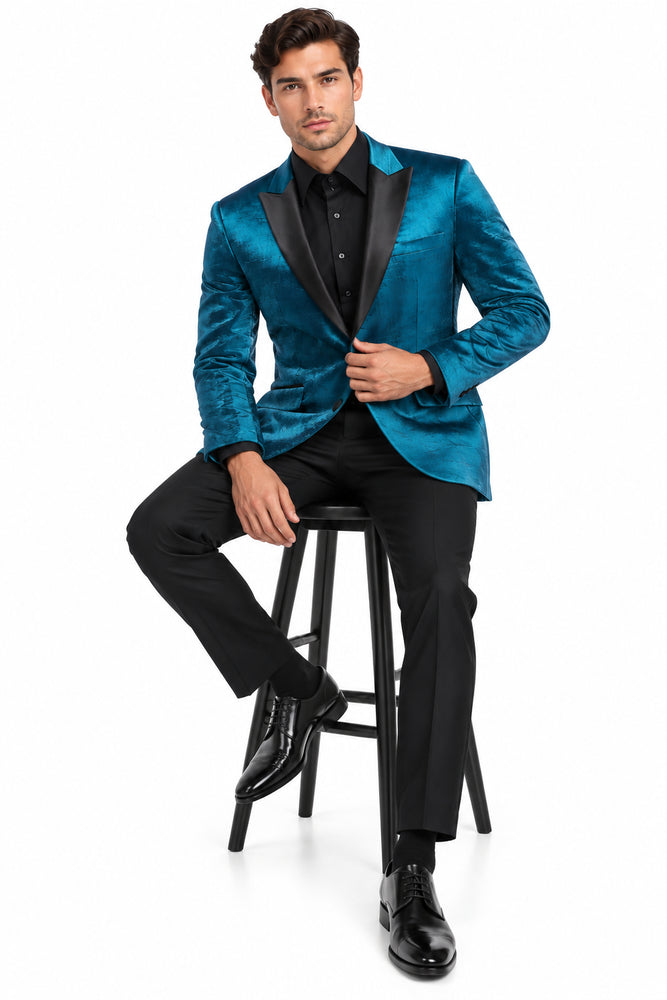 Turquoise Tuxedo Jacket Shiny Slim Fit With Peak Lapel - Blazer