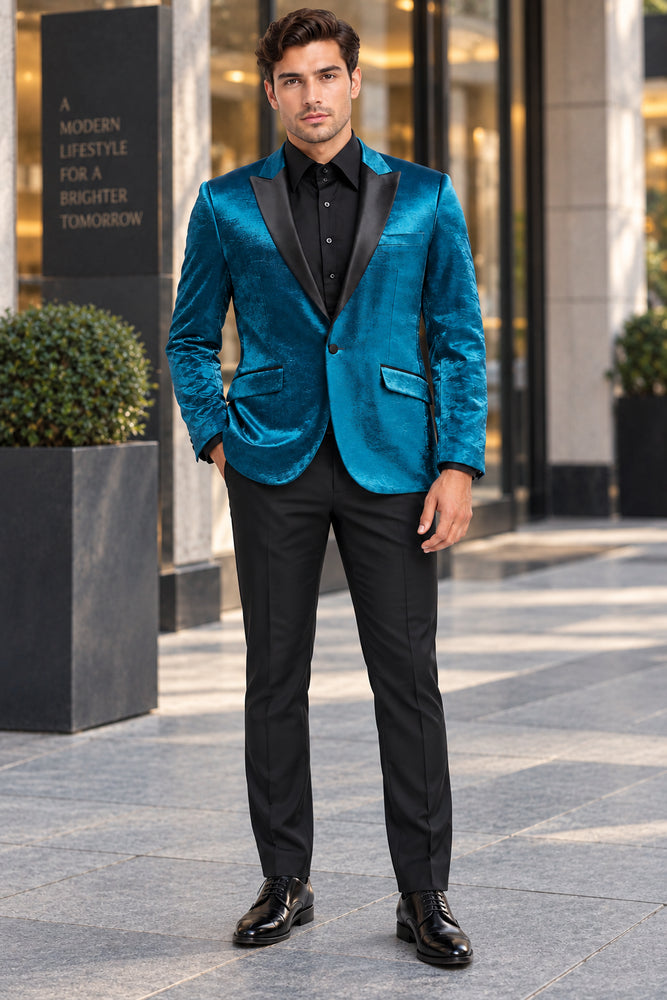 Turquoise Tuxedo Jacket Shiny Slim Fit With Peak Lapel - Blazer