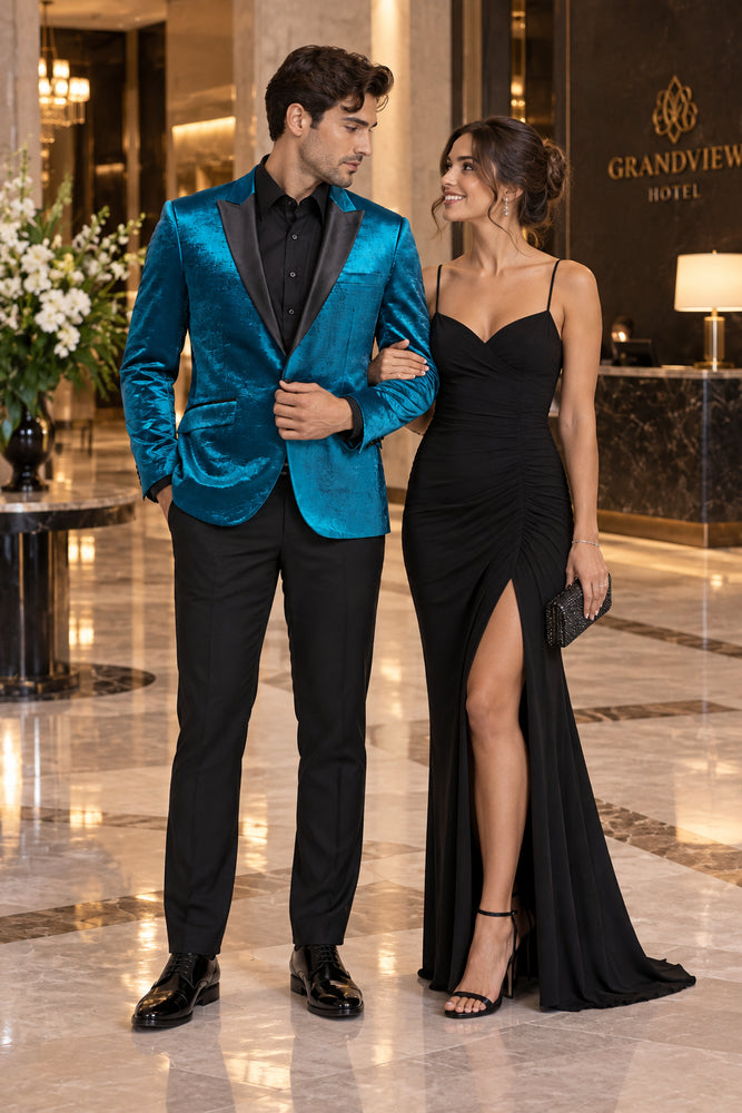 Turquoise Tuxedo Jacket Shiny Slim Fit With Peak Lapel - Blazer