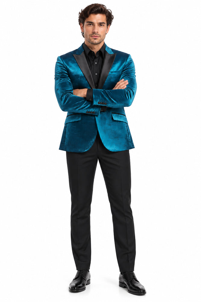 Turquoise Tuxedo Jacket Shiny Slim Fit With Peak Lapel - Blazer