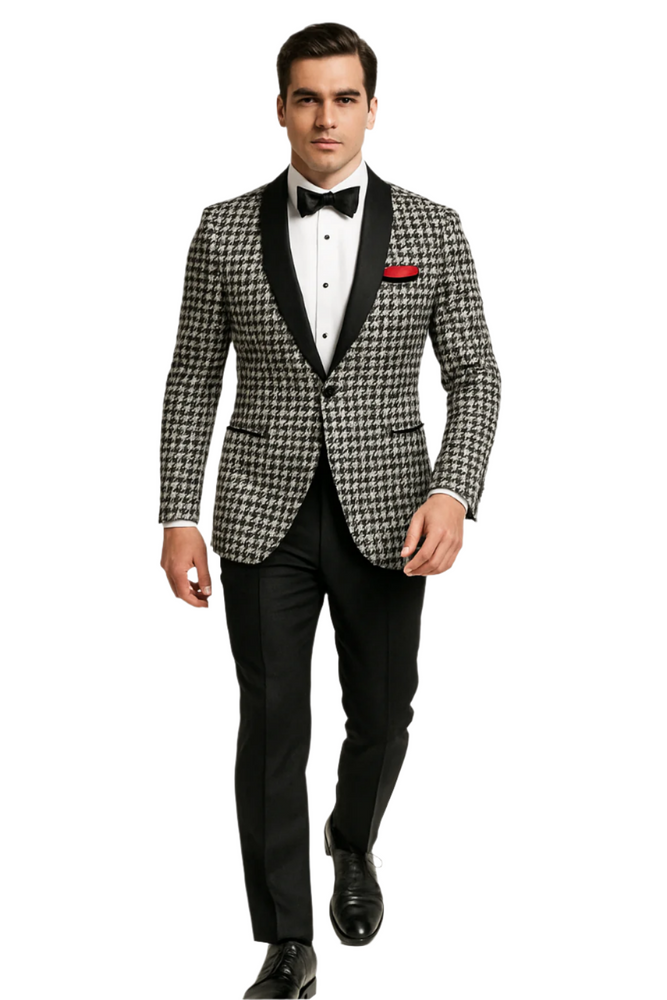 Mens Black and White Tuxedo Houndstooth Prom 2025 Suits - Groom Tuxedo