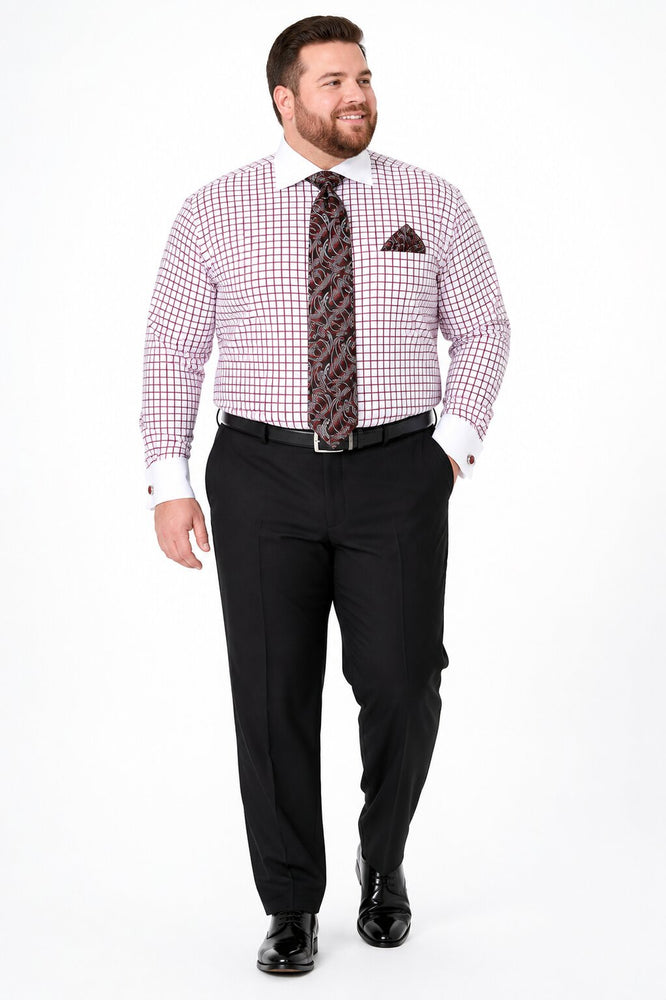 Daniel Ellissa Checked Pattern Two Tone French Cuff Burgundy ~ Wine ~ Maroon Color White Collar Big and Tall Sizes Two Toned Contrast 18 19 20 21 22 Inch Neck Men's Dress Shirt