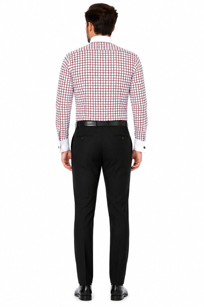Daniel Ellissa Checked Pattern Two Tone French Cuff Burgundy ~ Wine ~ Maroon Color White Collar Big and Tall Sizes Two Toned Contrast 18 19 20 21 22 Inch Neck Men's Dress Shirt