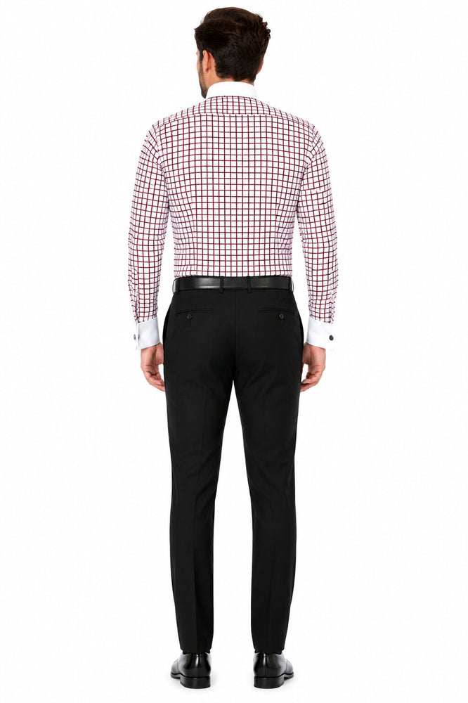 Daniel Ellissa Checked Pattern Two Tone French Cuff Burgundy ~ Wine ~ Maroon Color White Collar Big and Tall Sizes Two Toned Contrast 18 19 20 21 22 Inch Neck Men's Dress Shirt