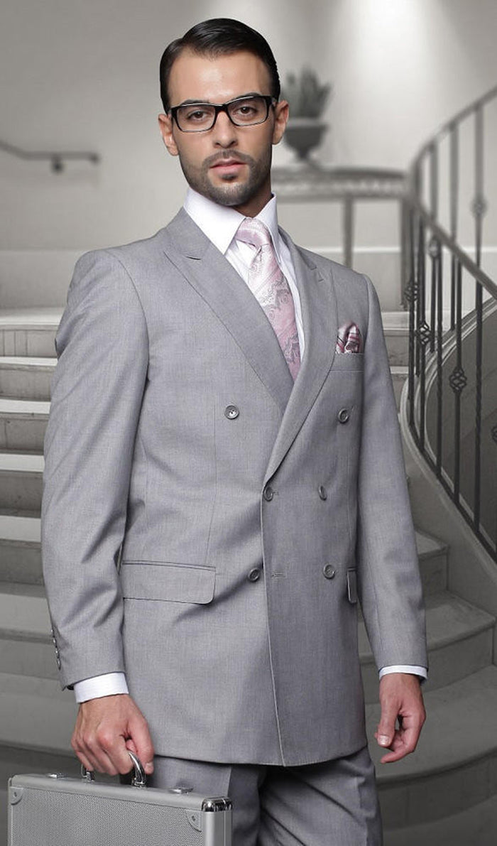 Statement Men's Double Breasted Gray Tailored Fit Italian Wool Suit TZD-100