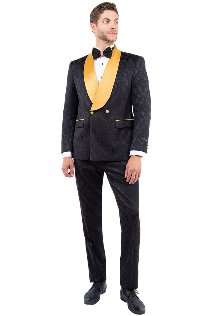 Men's Slim Fit Double Breasted Paisley Smoking Jacket in Black & Gold